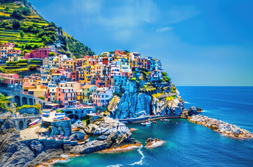 A colorful Italian village on the cliffs of Cinque Terre overlooking the blue sea - obrazy, fototapety, plakaty