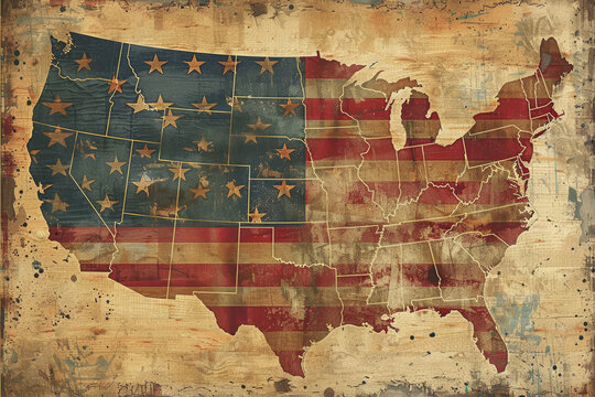A map of the United States with stars and stripes. The map is old and worn, giving it a vintage feel