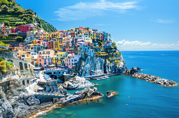 A colorful Italian village on the cliffs of Cinque Terre overlooking the blue sea - obrazy, fototapety, plakaty