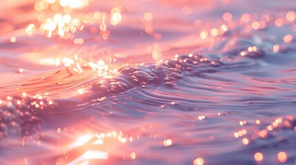 Shimmering pink water close up, with the surface reflecting light, soft colors in pastel, reflections of gold and silver, ripples smooth, lighting of golden hour.