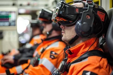 Foto op Plexiglas Three people in orange and black uniforms are wearing virtual reality goggles. One of them is wearing a backpack © Kowit