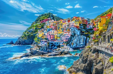Fototapete Rund A colorful Italian village on the cliffs of Cinque Terre overlooking the blue sea © Kien