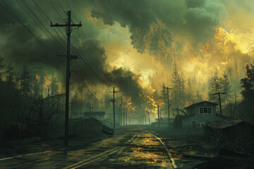 A post apocalyptic landscape with a road and houses. The sky is dark and the trees are on fire - obrazy, fototapety, plakaty