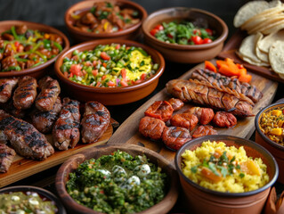A table full of food with a variety of dishes including meat, vegetables, and rice. The table is set for a large gathering or party