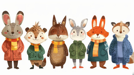 Obraz premium A group of cartoon animals are standing in a line, all wearing different colored scarves and jackets