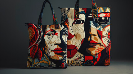 Three handbags with faces on them. The bags are red and blue. The bags are made of a material that looks like a patchwork