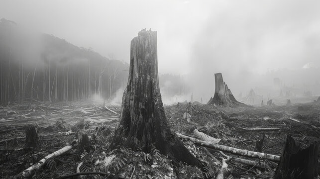 A desolate landscape with two large fallen trees and a foggy sky. Concept of desolation and destruction