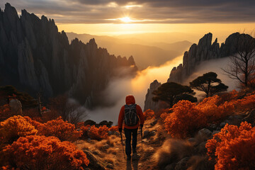 Nature, hobbies and leisure, travel, exploration, states of mind concept. Man with backpack hiking in mountains. Majestic and breathtaking view of the mountains. Man looking to horizon - obrazy, fototapety, plakaty