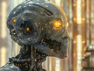A robot with a face made of metal and wires. The robot is looking at the camera
