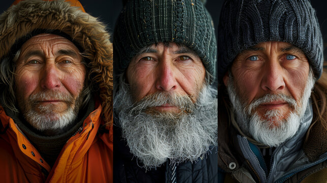 Three men with long beards and hats. The man in the middle has a beard that is the longest