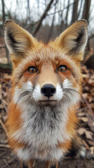 Fototapeta premium A fox is looking at the camera with its eyes wide open. The fox is brown and white in color