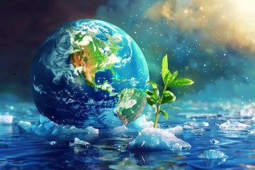 Earth with a small green sprout emerging from the ice, symbolizing hope - obrazy, fototapety, plakaty
