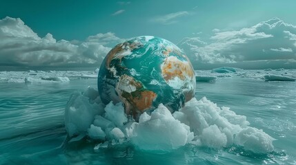 Earth with a message frozen in the ice, a plea for help - obrazy, fototapety, plakaty