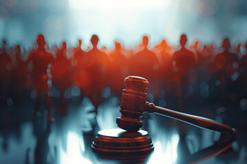 A judge's gavel sits on a podium in front of a crowd of people. Concept of authority and importance, as the gavel is a symbol of the judge's power - obrazy, fototapety, plakaty