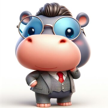 Fluffy 3D image of a cute hippopotamus wearing suit and cool fashion eyeglasses , funny, happy, smile, white background