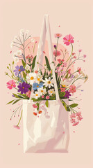 A white canvas bag is filled with flowers. The flowers are of various colors and sizes, and they are arranged in a way that makes the bag look like a bouquet