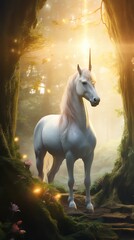 Capture a majestic unicorn in a mystical forest setting, bathed in a soft ethereal glow using CG 3D rendering