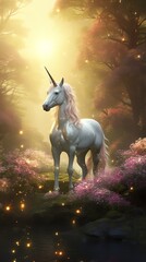 Capture a majestic unicorn in a mystical forest setting, bathed in a soft ethereal glow using CG 3D rendering