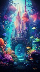 Capture a whimsical underwater scene in vivid colors, featuring a comedic moment with a wide-angle perspective in digital glitch art technique - obrazy, fototapety, plakaty