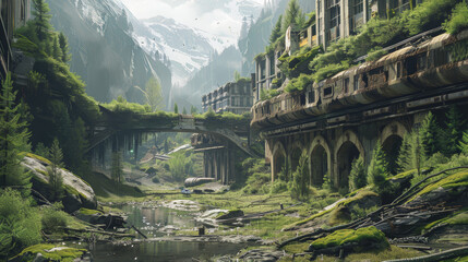 A desolate landscape with a river running through it and a bridge over it. The bridge is old and rusted, and the buildings in the background are dilapidated and overgrown with vegetation - obrazy, fototapety, plakaty