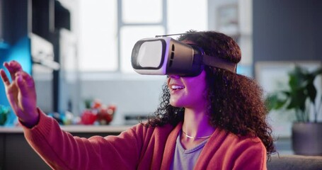 Girl, home and virtual reality glasses for gaming or entertainment, video game and metaverse or esports. Person, vr headset and interaction for futuristic experience and fantasy with neon light.