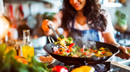 A woman in her kitchen, surrounded by fresh ingredients, expertly flips vegetables in a wok for a delicious stir fry.