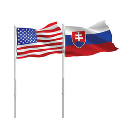 American and Slovakia flags together.USA,Slovakia flags on pole