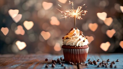 Sparkling Birthday Cupcake with Bokeh Heart Background. Joyful Celebration Concept with Sweet Treat. Delicious Dessert Style Photography. AI