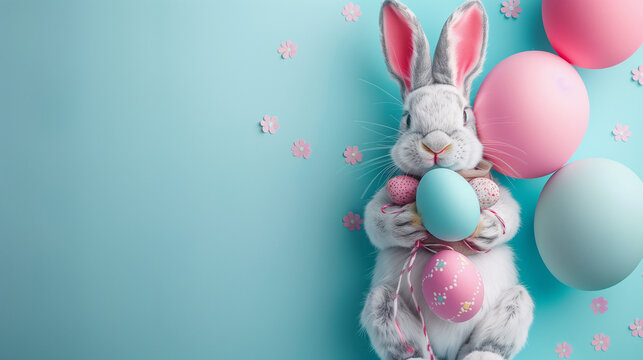 A charming Easter-themed image, capturing an anthropomorphic grey rabbit holding a collection of pastel-colored Easter eggs. The delightful bunny, adorned with a subtle blush and vibrant pink inner 
