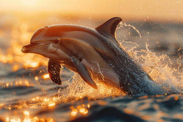 A graceful dolphin leaps through the air against a blurred ocean background - obrazy, fototapety, plakaty