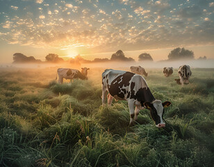 Panorama of grazing cows in a meadow with grass covered with dewdrops and morning fog, and in the background the sunrise in a small haze