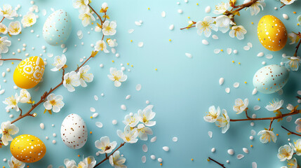 Vibrant Easter composition on a bright blue textured background featuring yellow and blue decorated Easter eggs nestled among delicate blooming white flowers and fresh green sprouts. 