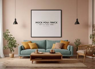 Frame mockup, ISO A paper size. Living room poster mockup. Interior mockup with house white background. Modern interior design. 3D render
