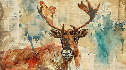 Curious caribou lost in newsprint, a charming vintage watercolor scene perfect for cozy interiors