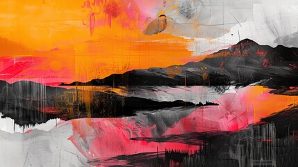 Abstract landscape in saturated colors, with stark black and white touches adding depth and contrast