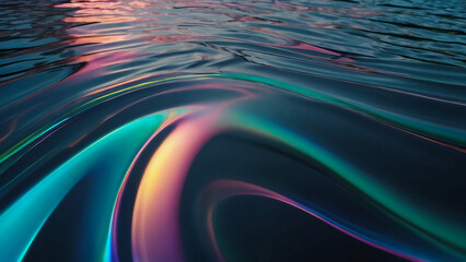 3d render abstract background in nature landscape. Transparent glossy glass ribbon on water. Holographic curved wave in motion. Iridescent design element for banner background,