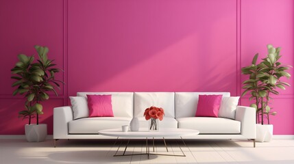 A contemporary seating arrangement showcasing a chic white sofa against a captivating fuchsia 3D wall, adding vibrancy to the space.