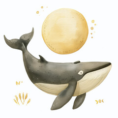 Melancholic whale singing under the full moon, watercolor clipart, serenade of the deep, - obrazy, fototapety, plakaty