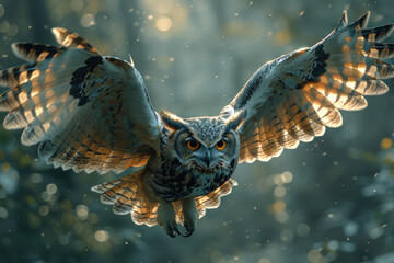 A silent owl glides through the forest, its wings outstretched, its eyes focused on its prey - obrazy, fototapety, plakaty