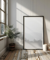 Mockup of a square black frame leaning in a white interior, generative Ai