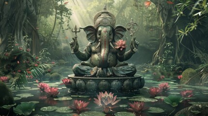Lord Ganesha seated on lotus in a serene forest setting - obrazy, fototapety, plakaty
