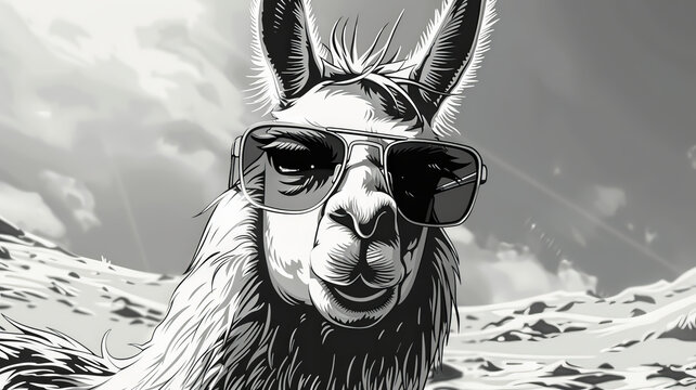 Sassy llama wearing sunglasses at a beach party, watercolor clipart, cool under the sun,