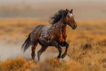 Fototapeta na wymiar A powerful horse gallops across the field, its mane and tail flowing in the wind