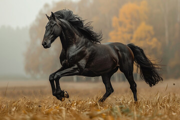 Fototapeta na wymiar A powerful horse gallops across the field, its mane and tail flowing in the wind