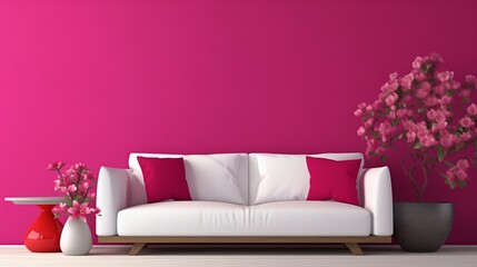 A cozy corner featuring a comfortable white sofa against a bold fuchsia 3D wall, providing a striking contrast. - obrazy, fototapety, plakaty