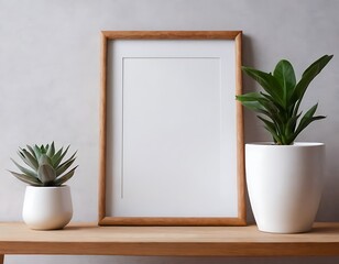 A minimalistic room interior featuring a mock-up photo frame on a brown wooden table, accompanied by a beautiful, thriving plant.