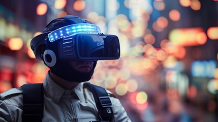 Police officer patrols streets, ensuring safety and upholding the law with vigilance and integrity with virtual reality sunglass - obrazy, fototapety, plakaty