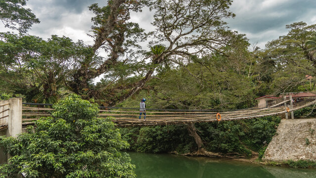 A man walks on a rickety Bamboo Hanging Bridge spanning the river. The lifebuoy is suspended from the railing. Lush tropical vegetation. Clouds in the sky. Philippines. Bohol. Sipatan River. Sevilla