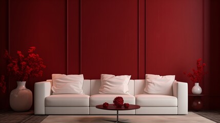 A cozy corner featuring a plush white sofa set against a textured ruby-colored 3D wall, creating a modern ambiance.
