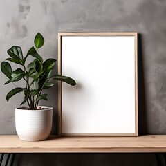 A minimalistic room interior featuring a mock-up photo frame on a brown wooden table, accompanied by a beautiful, thriving plant.